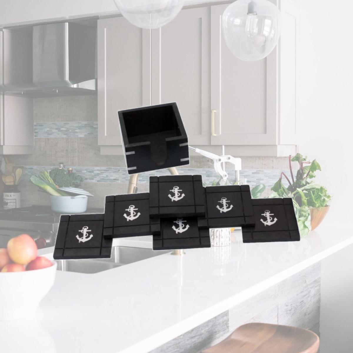 Picture of Handcrafted Model Ships WN-0129-CH 4 in. Wooden Black Coasters with Chrome Anchor Inlay, Set of 6