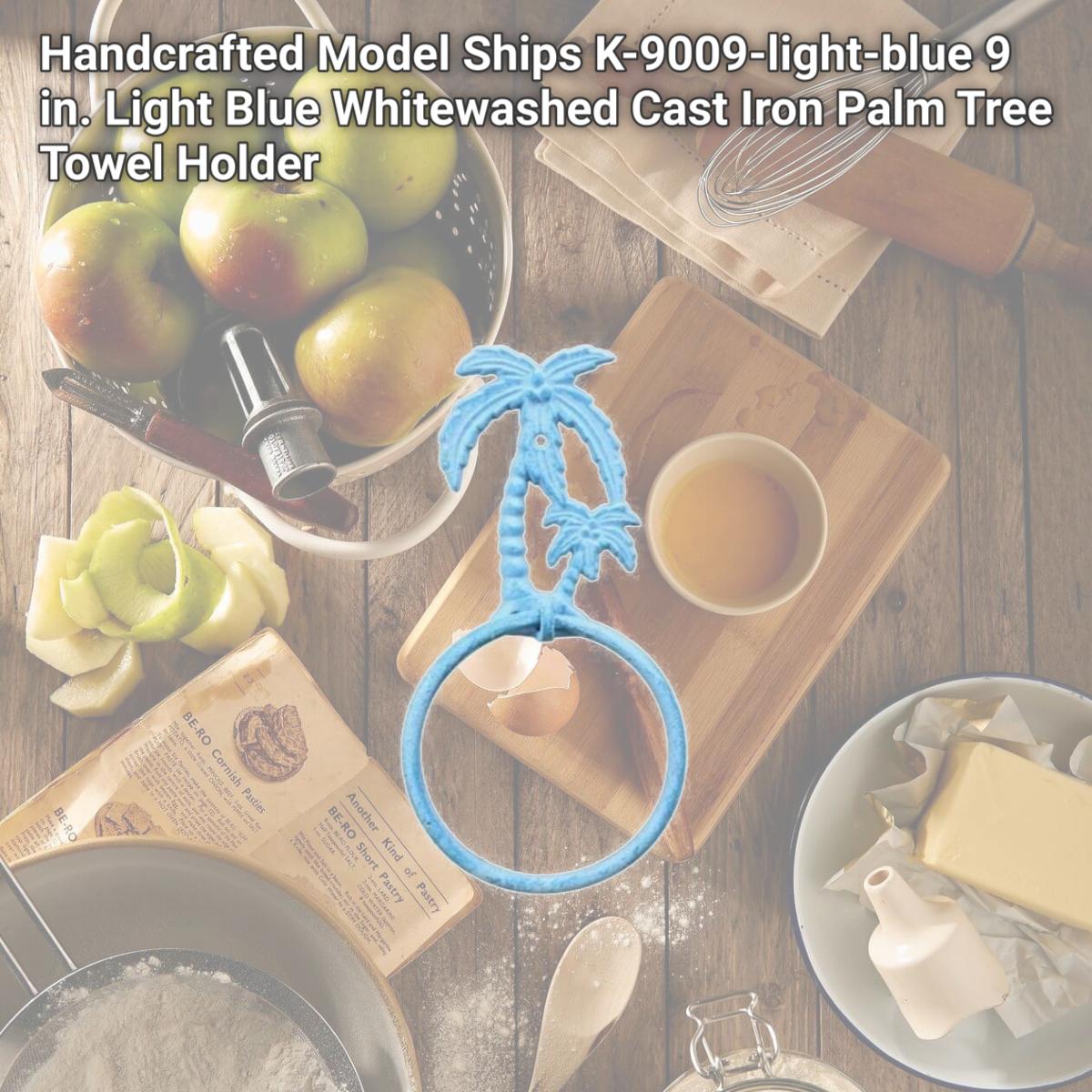 Picture of Handcrafted Model Ships K-9009-light-blue 9 in. Light Blue Whitewashed Cast Iron Palm Tree Towel Holder