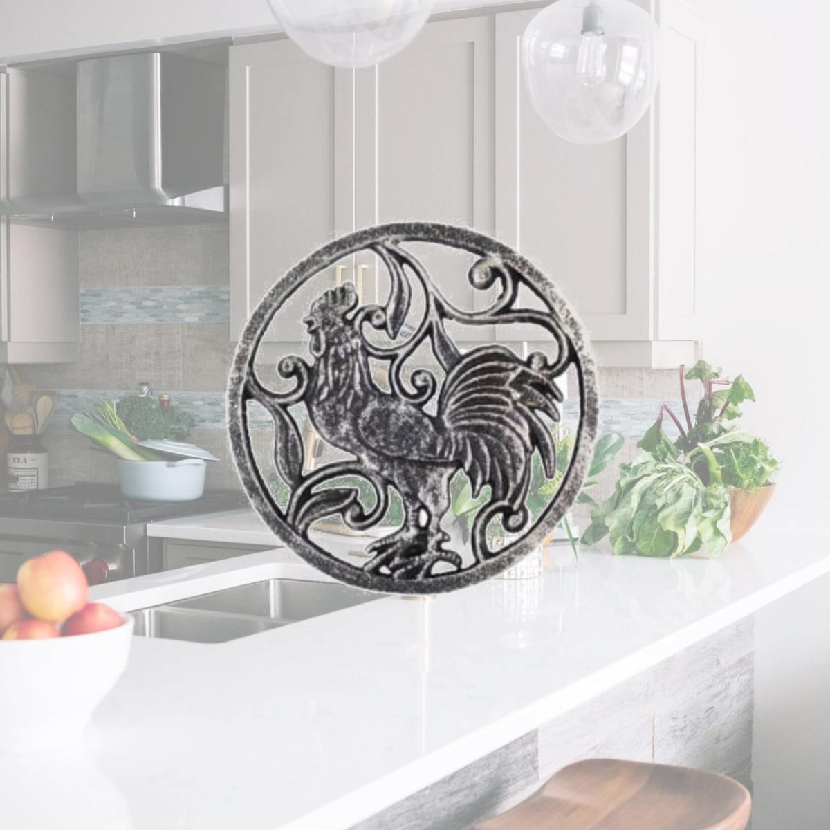 Picture of Handcrafted Model Ships K-0239-Silver 8 in. Rustic Silver Cast Iron Rooster Trivet