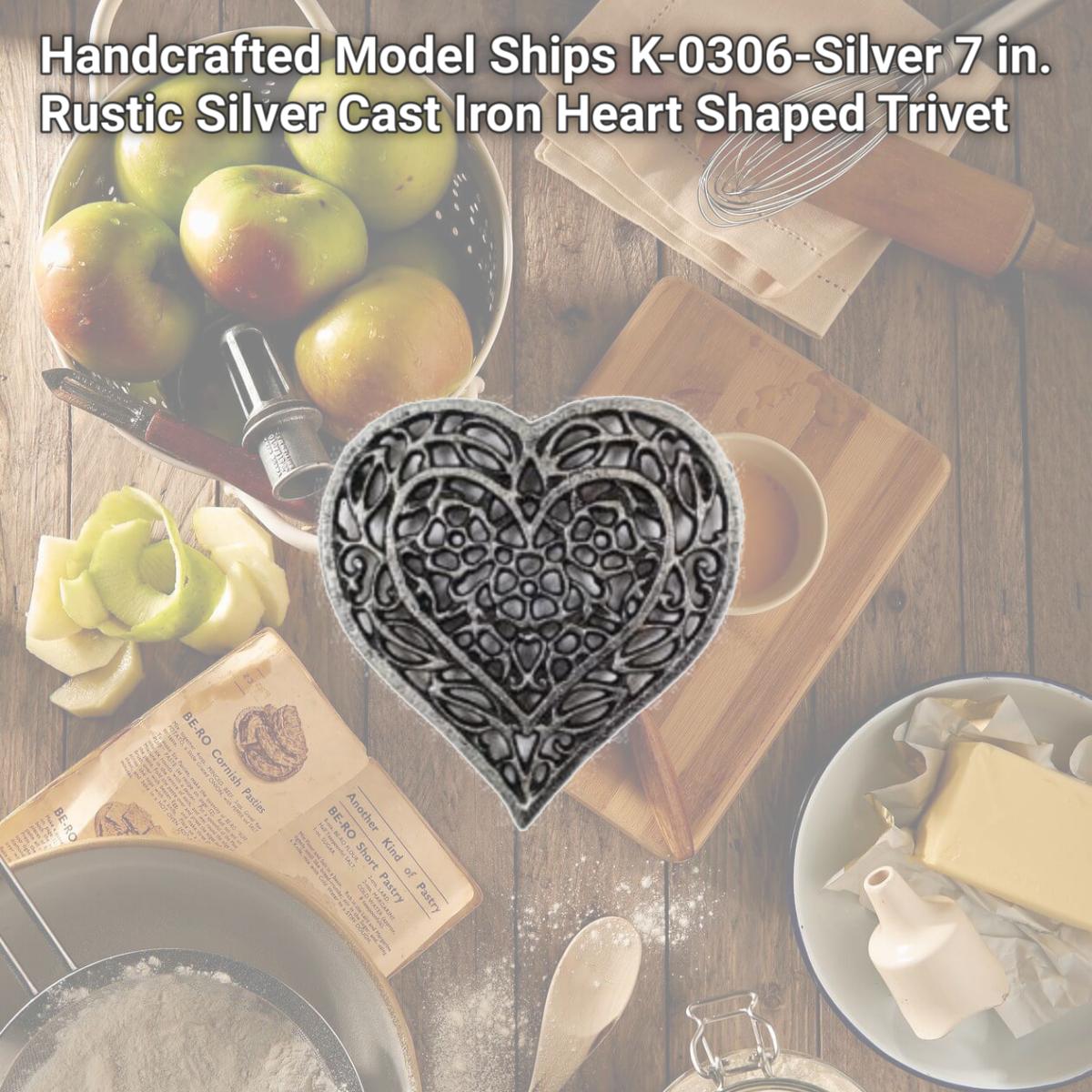 Picture of Handcrafted Model Ships K-0306-Silver 7 in. Rustic Silver Cast Iron Heart Shaped Trivet