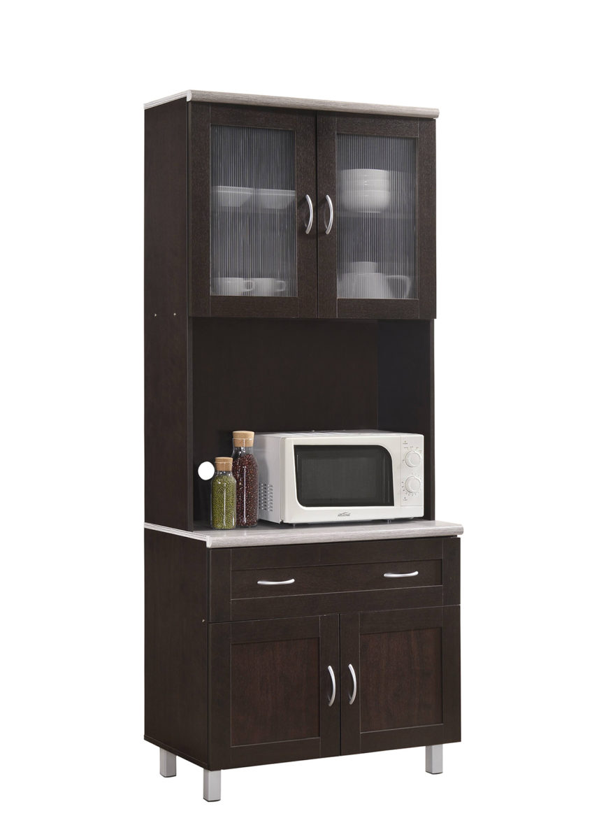 Kitchen Cabinet With Top & Bottom, Enclosed Cabinet Space, 1-drawer & Plus Large Open Space For Microwave - Chocolate & Grey