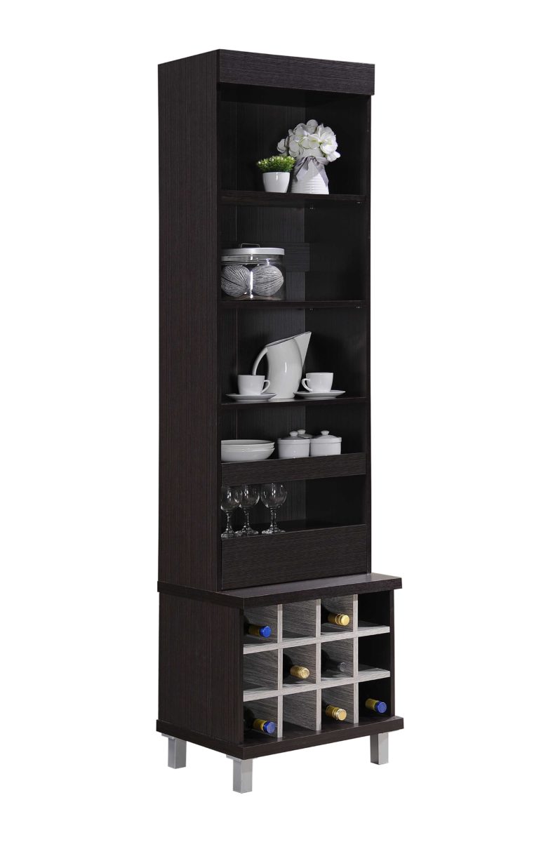 Hiw325 Chocolate Tall Standing Hutch With 5-shelves, 1-drawer Plus 12-bottle Wine Holder - Chocolate & Grey Oak