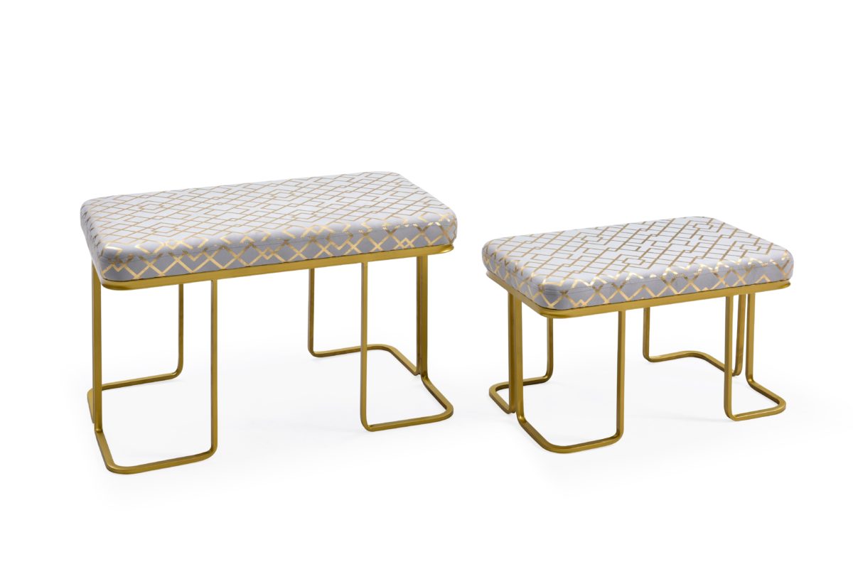 Hi1875 2 Piece Geometric Fabric Upholstered Ottoman - Grey & Gold