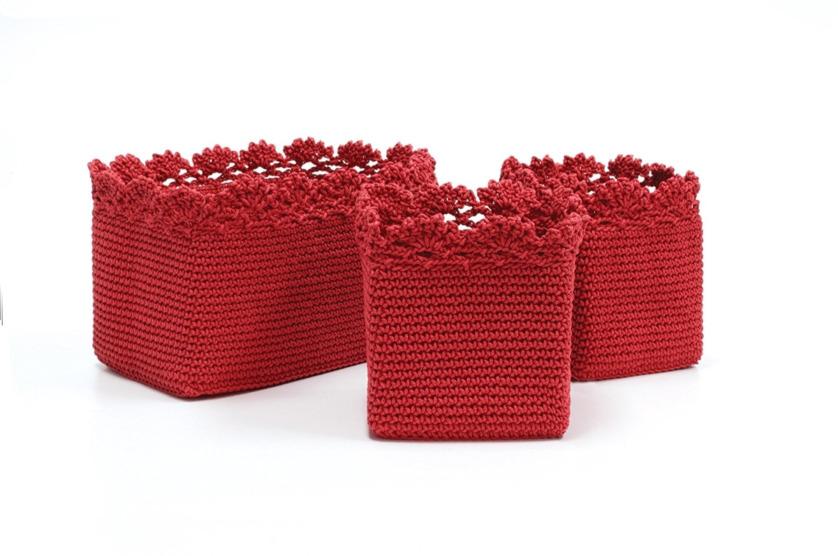 Mc-1050rr Mode Crochet Basket With Crochet Trim, Set Of 3 - Ruby Red