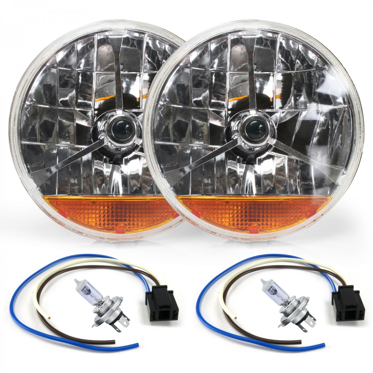324103 7 In. Tri-bar Halogen Lens Assembly With H4 Bulb, Plug & Amber Turn Signal - Pack Of 2