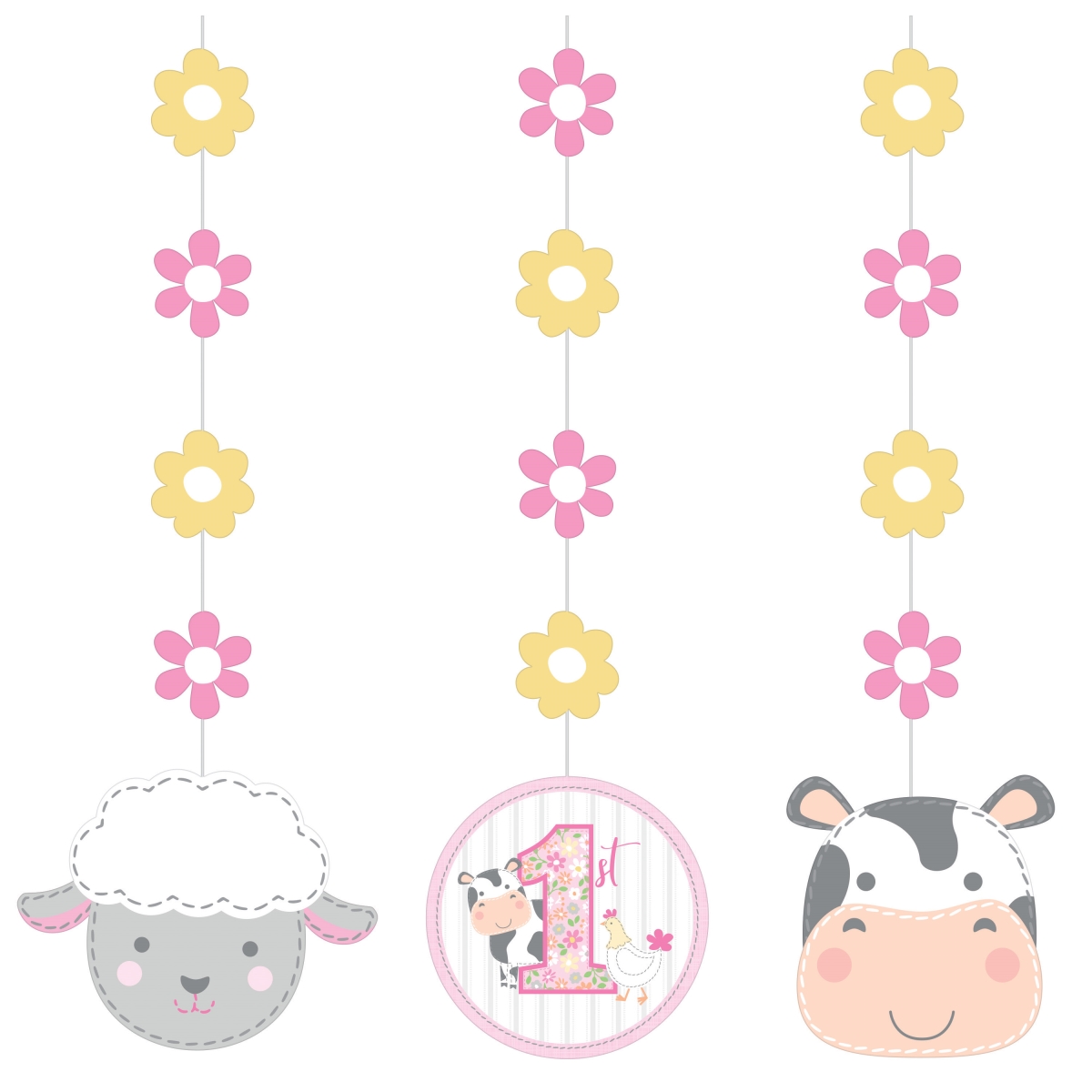 340105 Farmhouse 1st Birthday Girl Hanging Decorations, 3 Count