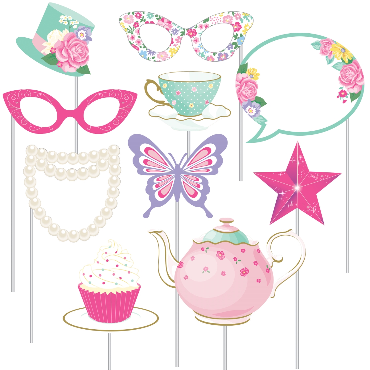 340198 Floral Tea Party Photo Booth Props, 10 Count