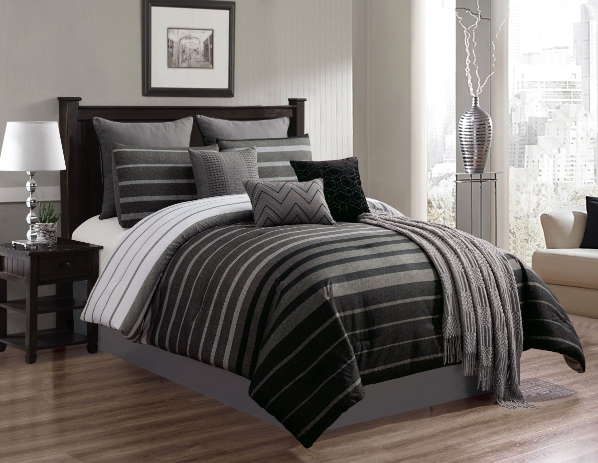 79658 Barkley Comforter Set, Black & Gray - Queen Size - 10 Piece