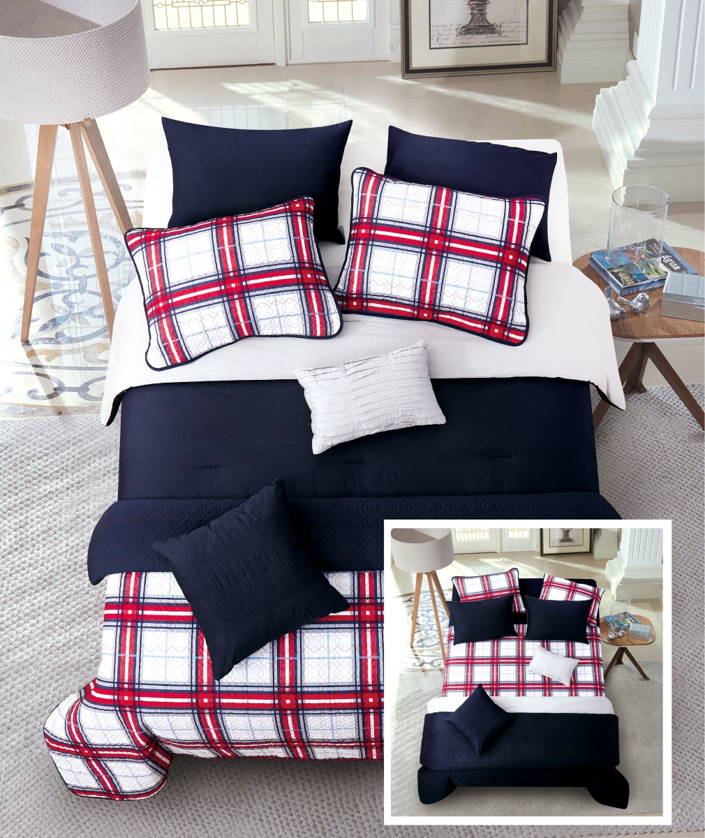 80336 Red Plaid Layered Comforter & Coverlet Set, Navy & Gray - Twin Size - 6 Piece