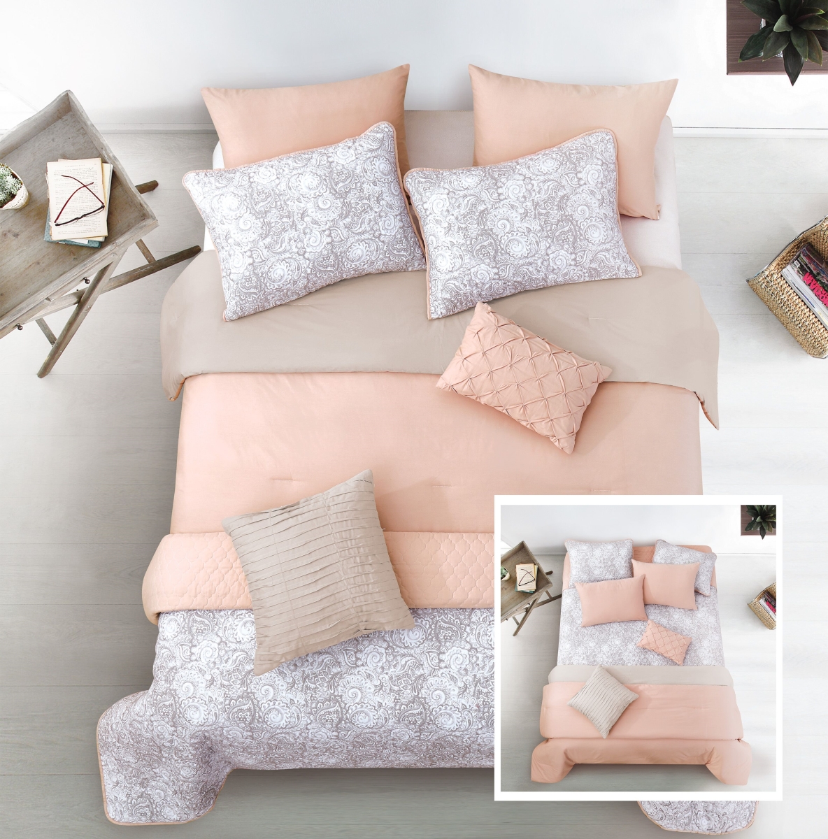 80342 Katie Blush Layered Comforter & Coverlet Set, Blush & Taupe - Twin Size - 6 Piece