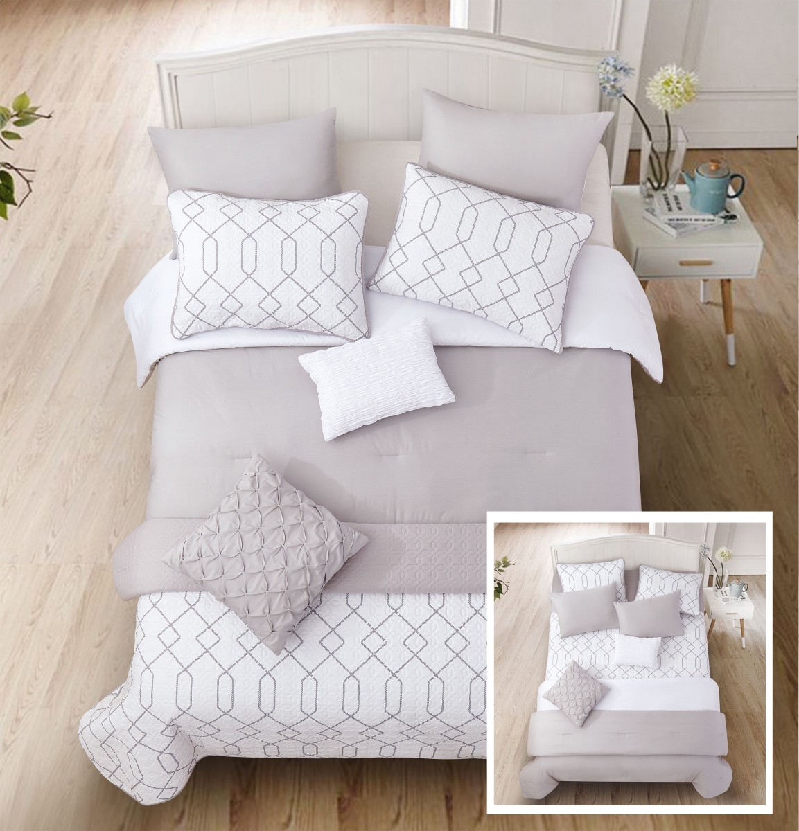 80346 Alexander Layered Comforter & Coverlet Set, Gray & White - Twin Size - 6 Piece