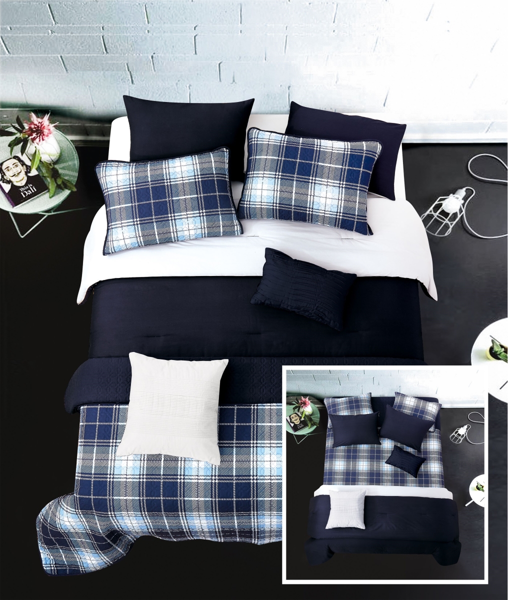 80350 Blue Plaid Layered Solid Comforter & Coverlet Set, Gray & Navy - Twin Size - 6 Piece
