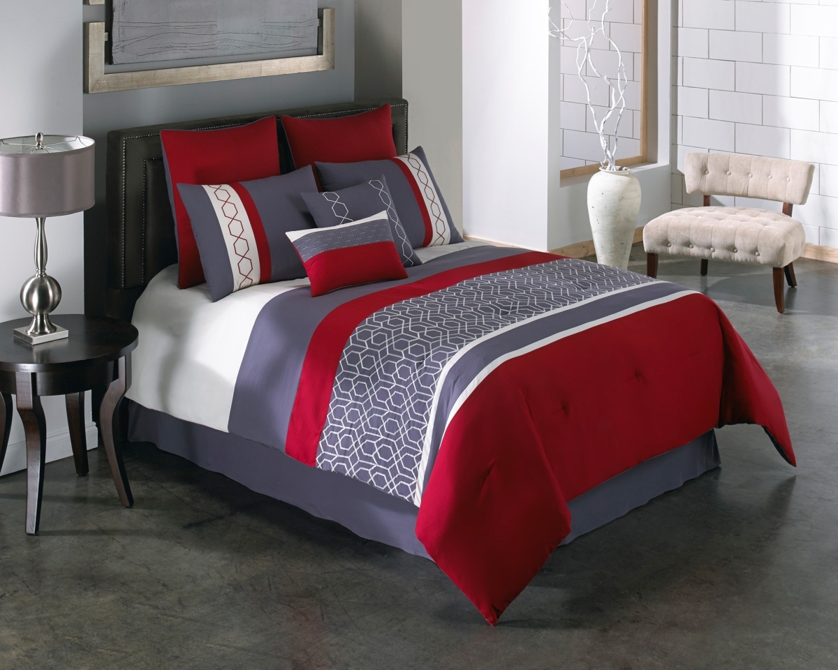 81049 Cypress Queen Size Bed Comforter Set, Red - 8 Piece