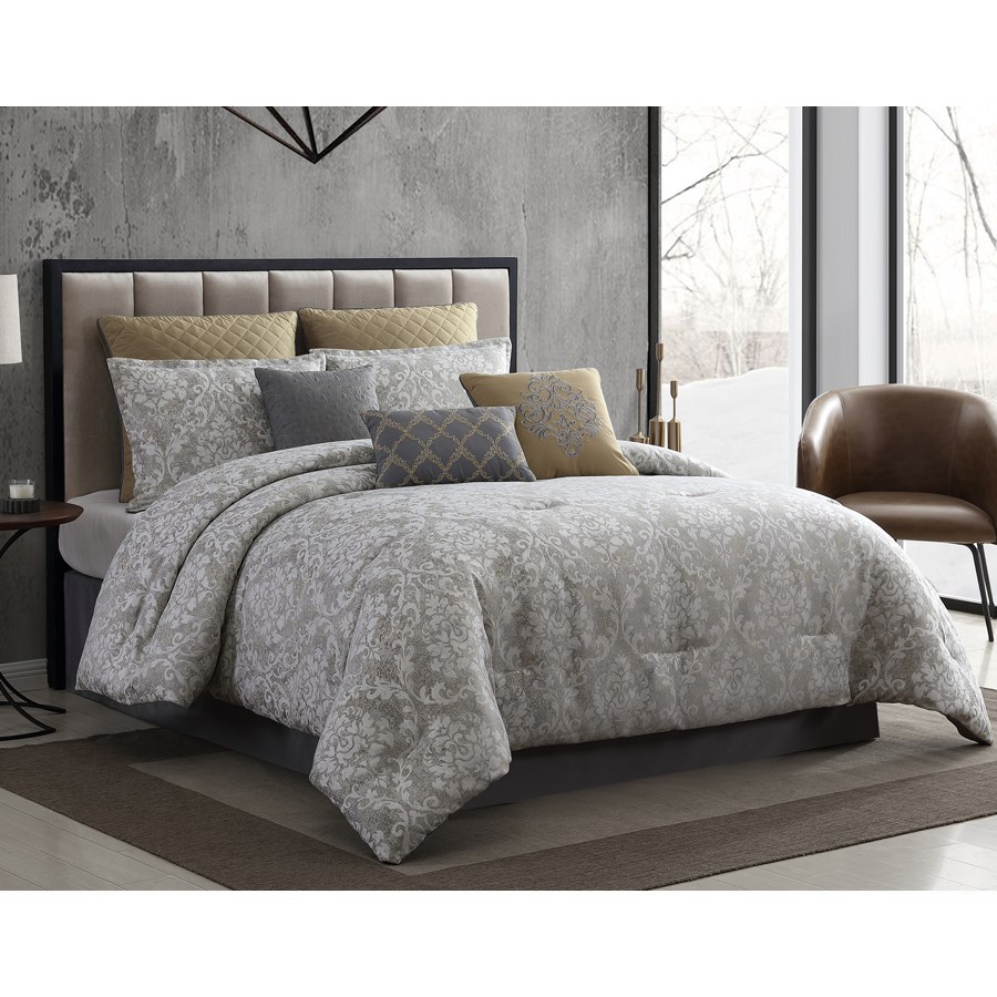 81878 Lantana Queen Size Bed Comforter Set, Gray - 9 Piece