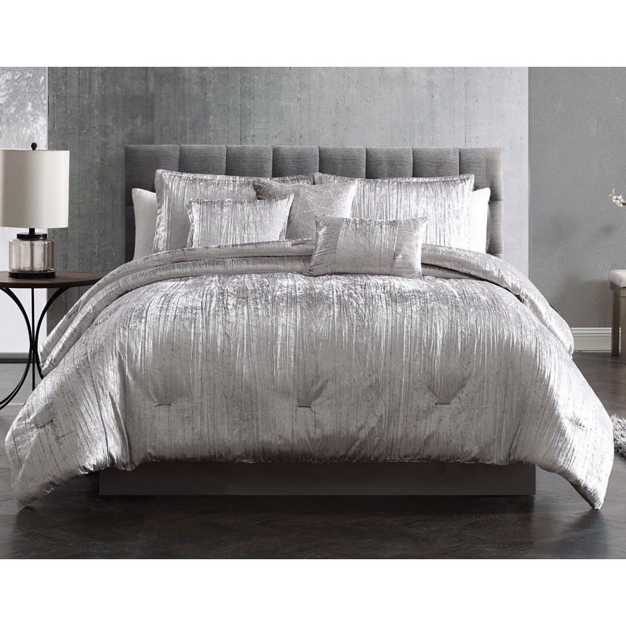 81891 Turin Queen Size Bed Comforter Set, Silver Crinkle Velvet - 7 Piece