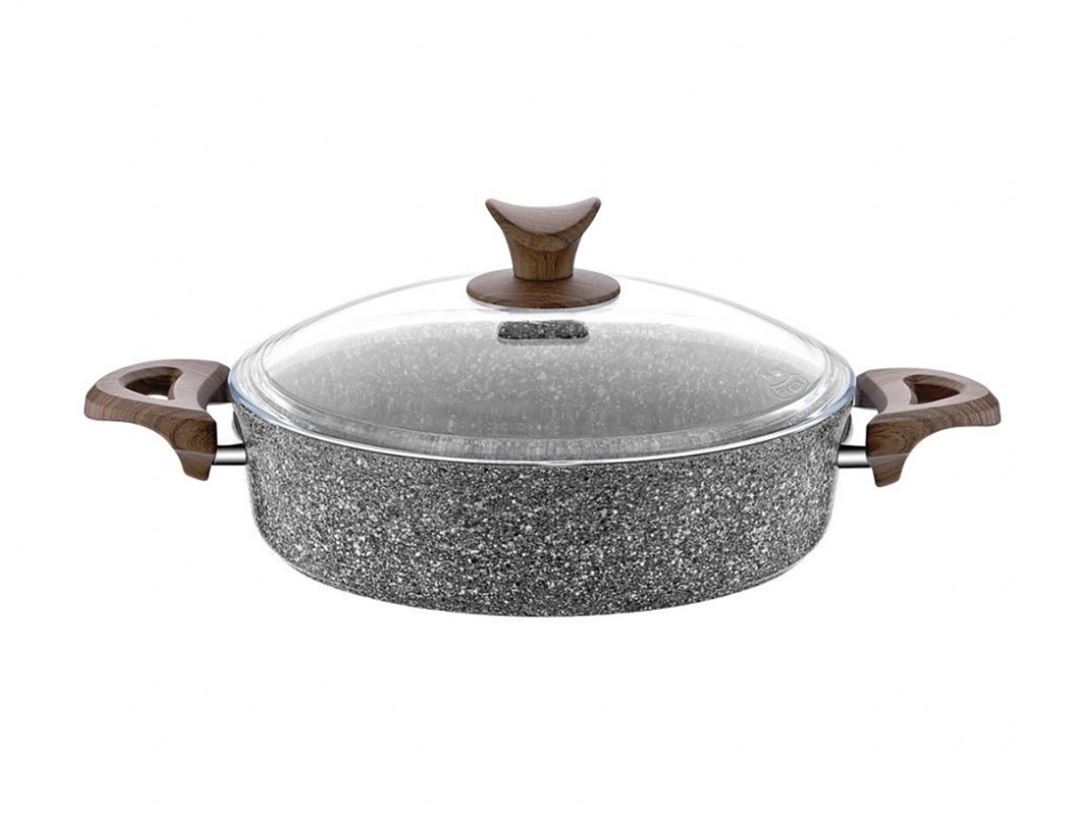Hd-pt-3074 12 In. Granite Plus Wood Handle Shallow Pot With Glass Lid, Gray