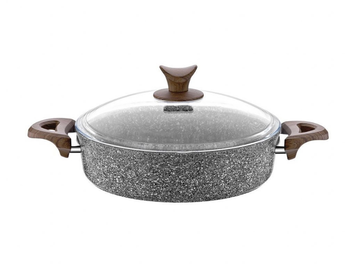 Hd-pt-3072 9 In. Granite Plus Wood Handle Shallow Pot With Glass Lid, Gray