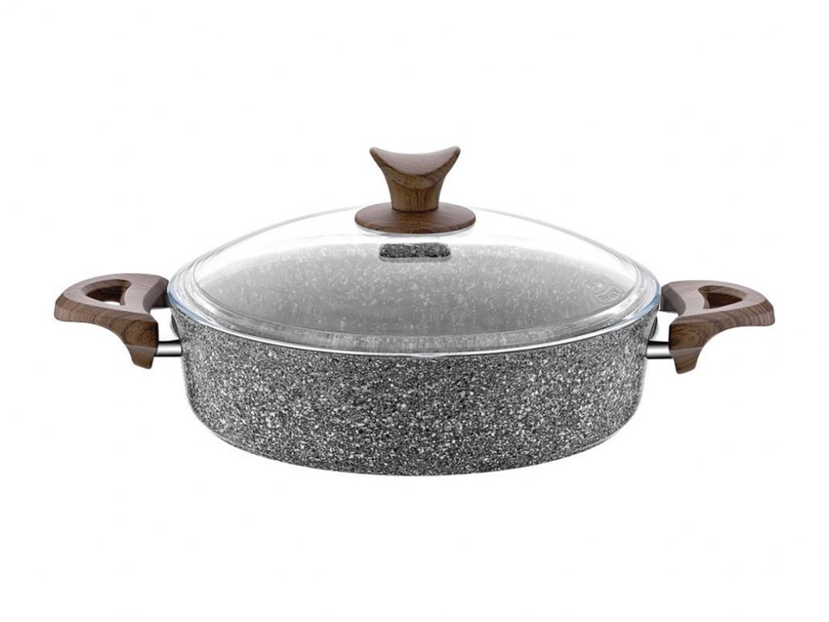 Hd-pt-3130 10 In. Granite Plus Wood Handle Shallow Pot With Glass Lid, Gray