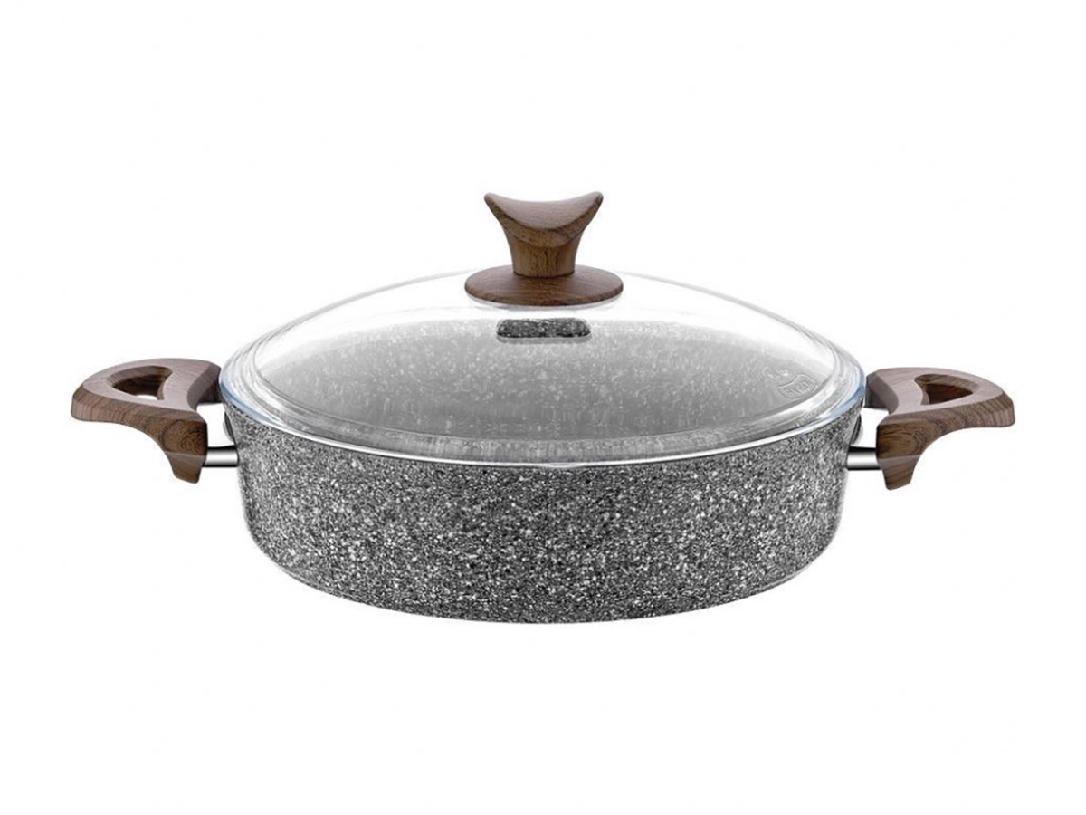 Hd-pt-3061 11 In. Granite Plus Wood Handle Shallow Pot With Glass Lid, Gray