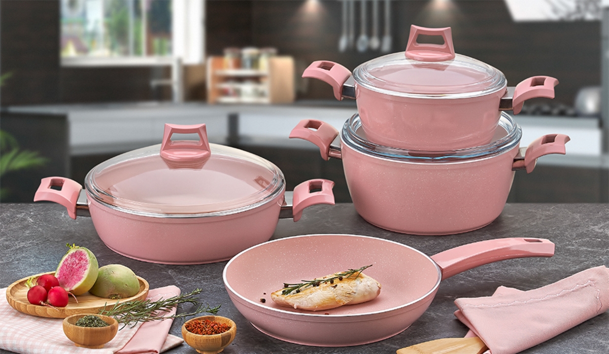 Md-k99-d1905-fi-p Fiesta Granite Cookware Set, 7 Piece - Pink