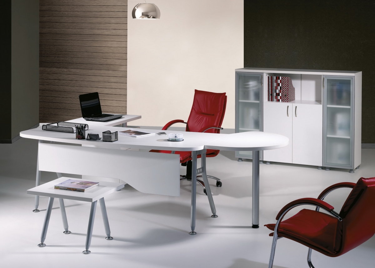 71 In. Modern Clover L Shaped Desk Office Suite Furniture Set - White & Metalic Grey, 6 Piece