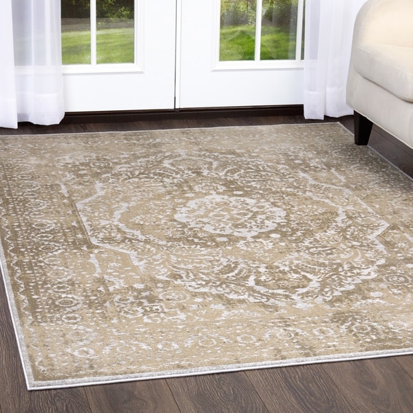 769924505229 7 Ft. 10 In. Kenmare Capri Round Area Distressed Rug - Gray & Yellow