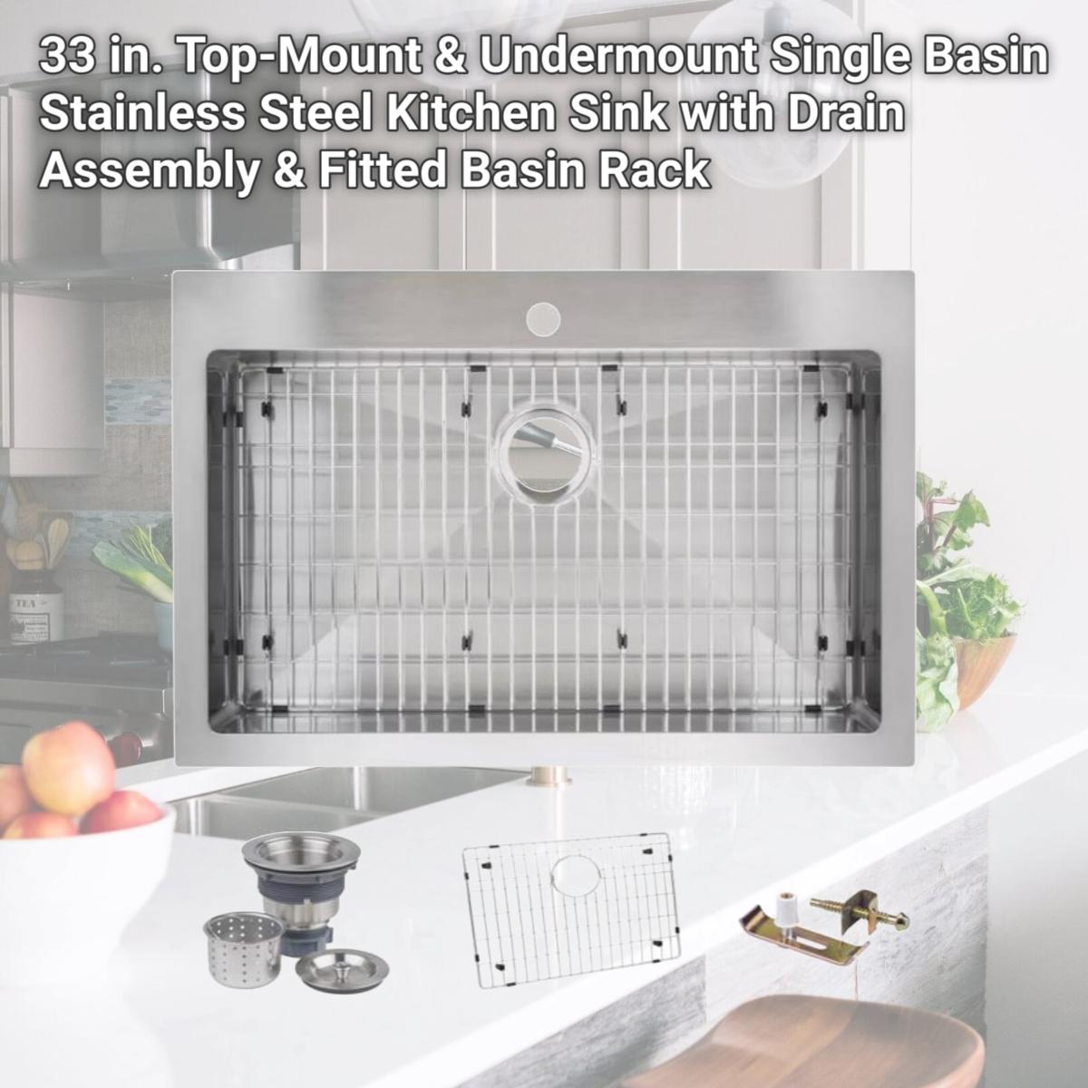 Picture of Miseno MNO3322SRTM 33 in. Top-Mount & Undermount Single Basin Stainless Steel Kitchen Sink with Drain Assembly & Fitted Basin Rack