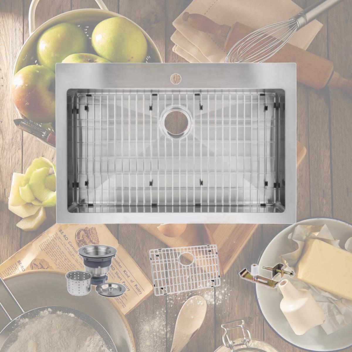 Picture of Miseno MNO3322SRTM 33 in. Top-Mount & Undermount Single Basin Stainless Steel Kitchen Sink with Drain Assembly & Fitted Basin Rack