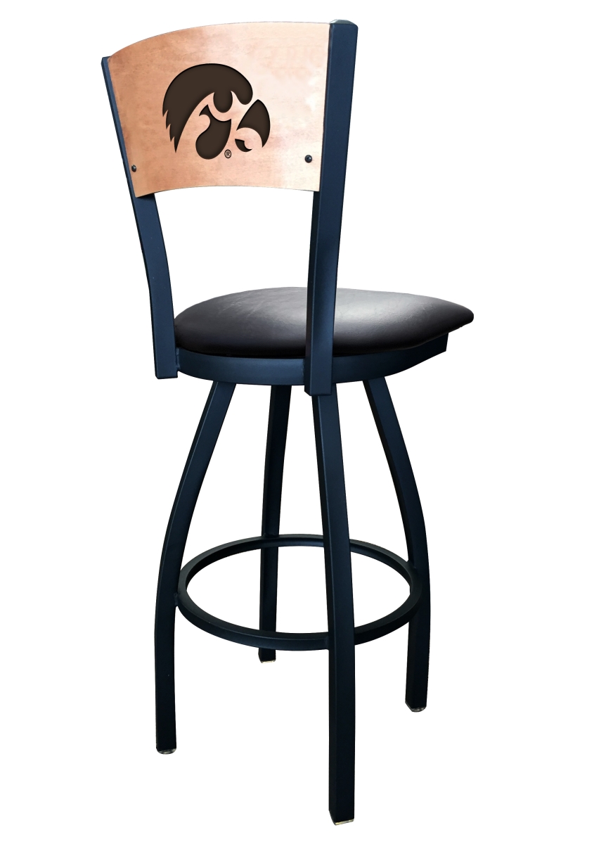 Picture of Holland Bar Stool L03830BWMedMplAIowaUnBlkVinyl 30 in. L038 - Black Wrinkle Iowa Swivel Bar Stool with Laser Engraved Back
