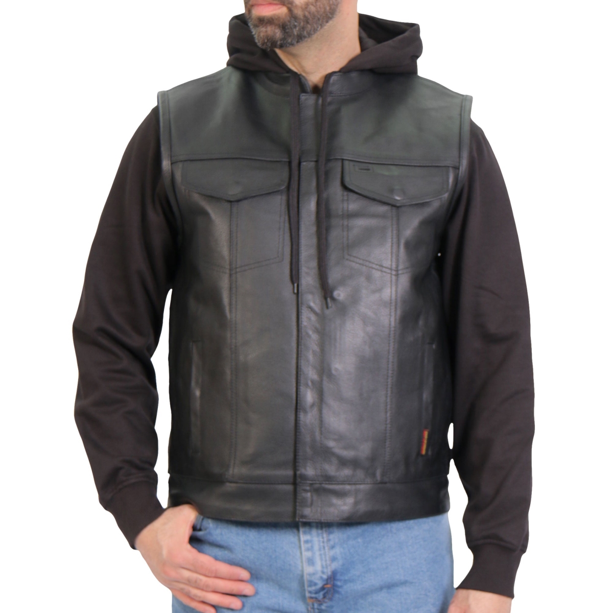 VSM1202 Men 2-in-1 Conceal & Carry Leather Vest with Hoodie - Black - Medium