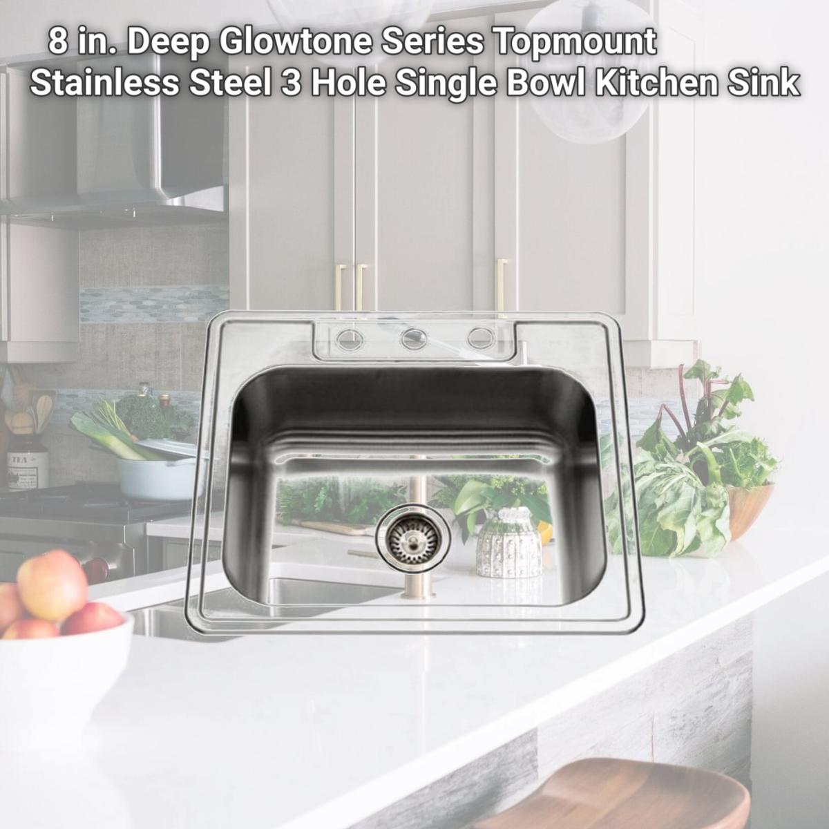 Picture of Houzer 2522-8BS3-1 8 in. Deep Glowtone Series Topmount Stainless Steel 3 Hole Single Bowl Kitchen Sink