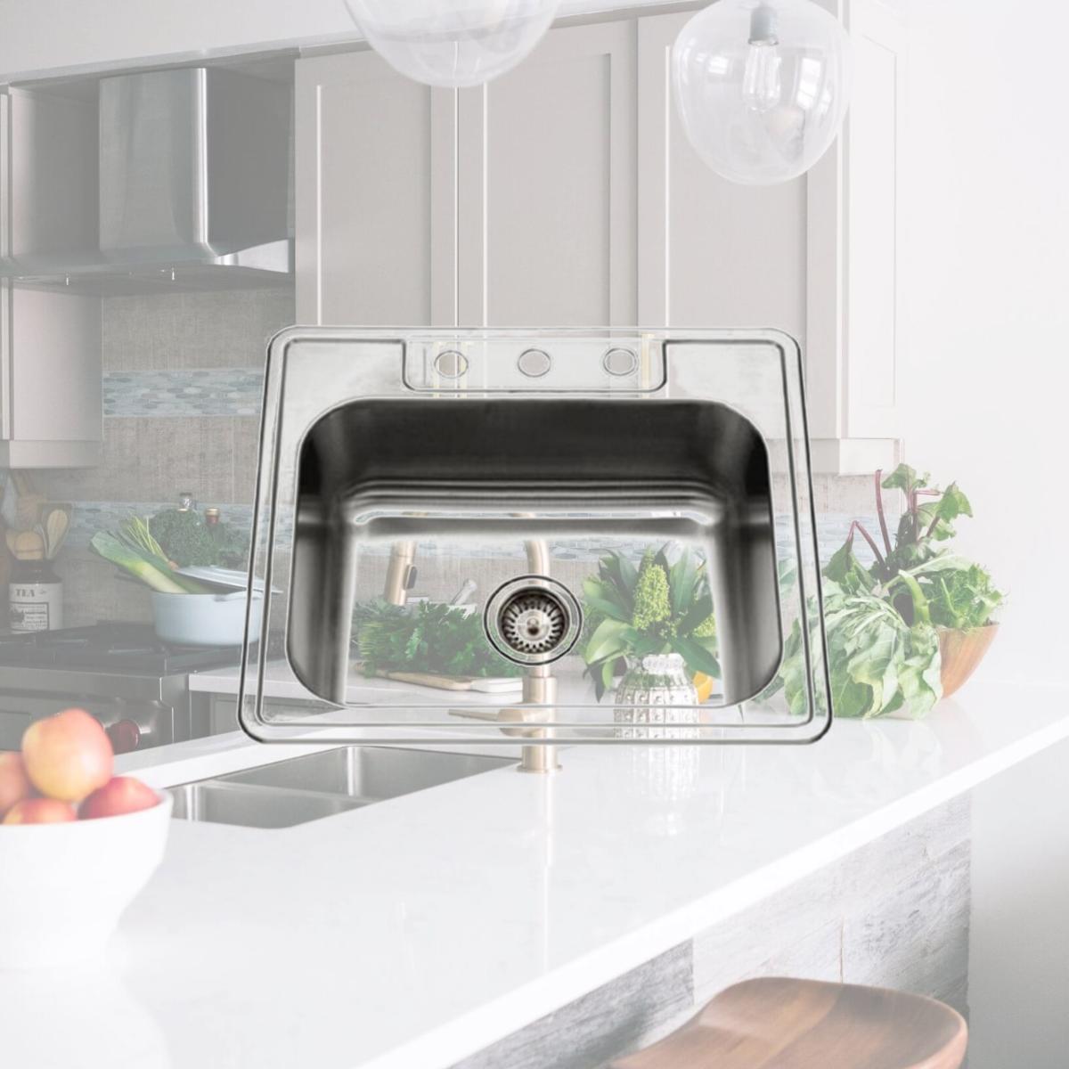 Picture of Houzer 2522-8BS3-1 8 in. Deep Glowtone Series Topmount Stainless Steel 3 Hole Single Bowl Kitchen Sink