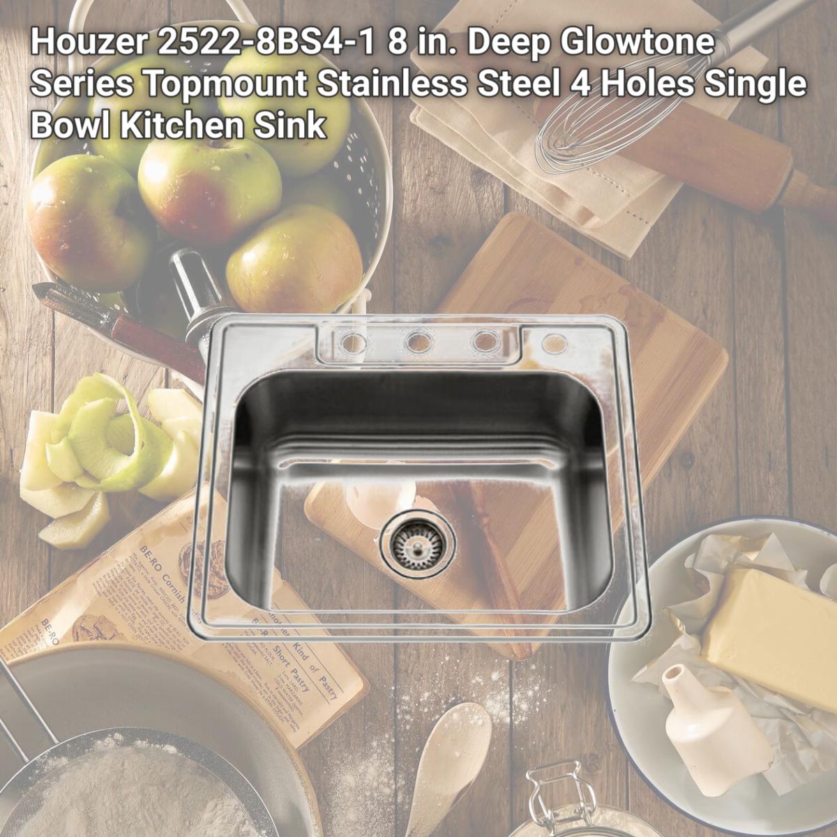 Picture of Houzer 2522-8BS4-1 8 in. Deep Glowtone Series Topmount Stainless Steel 4 Holes Single Bowl Kitchen Sink