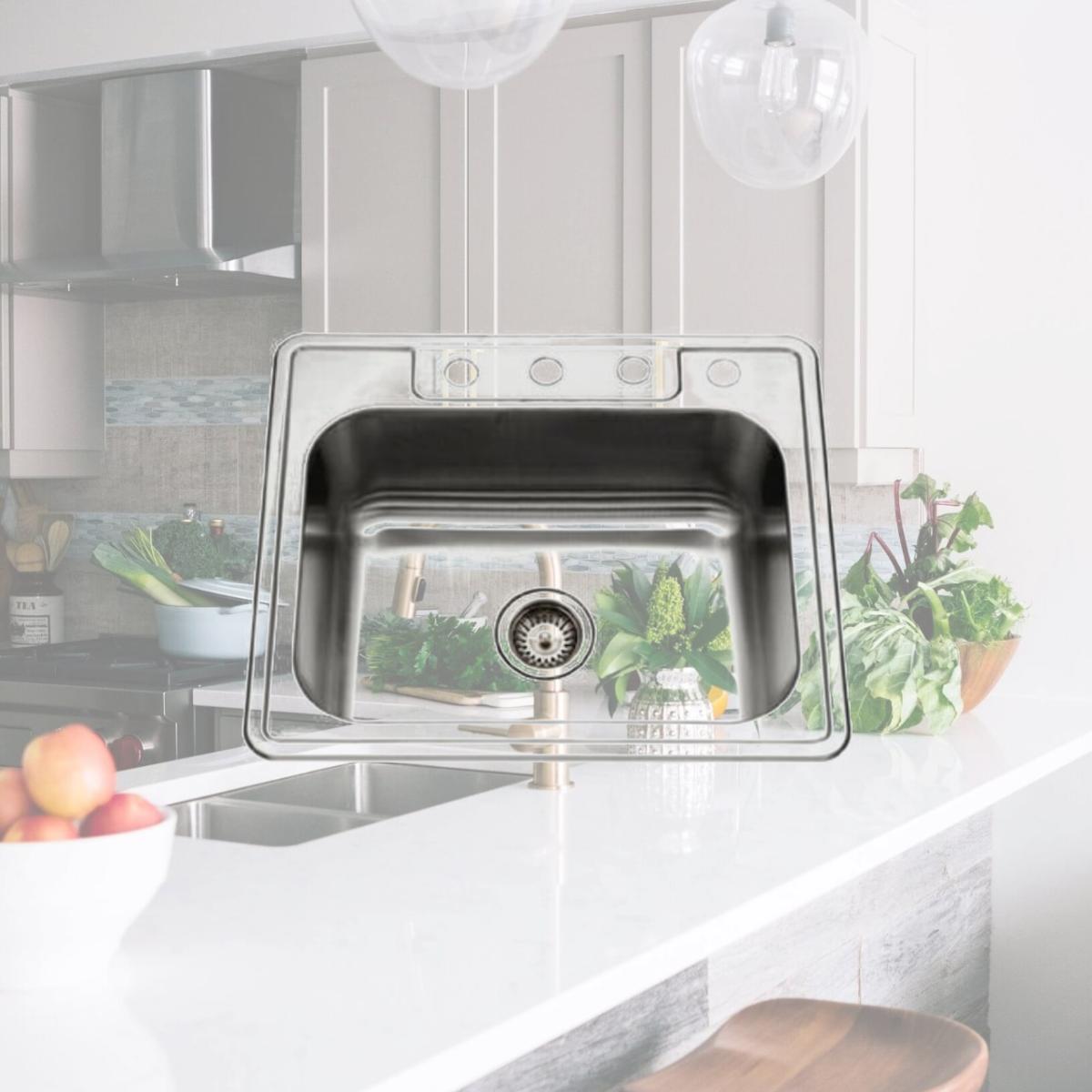Picture of Houzer 2522-8BS4-1 8 in. Deep Glowtone Series Topmount Stainless Steel 4 Holes Single Bowl Kitchen Sink