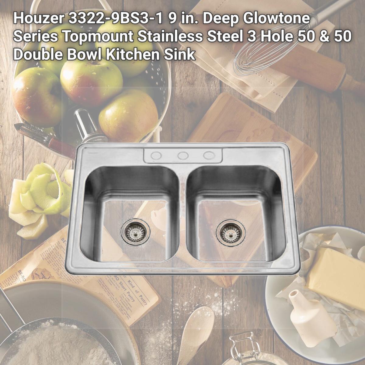 Picture of Houzer 3322-9BS3-1 9 in. Deep Glowtone Series Topmount Stainless Steel 3 Hole 50 & 50 Double Bowl Kitchen Sink