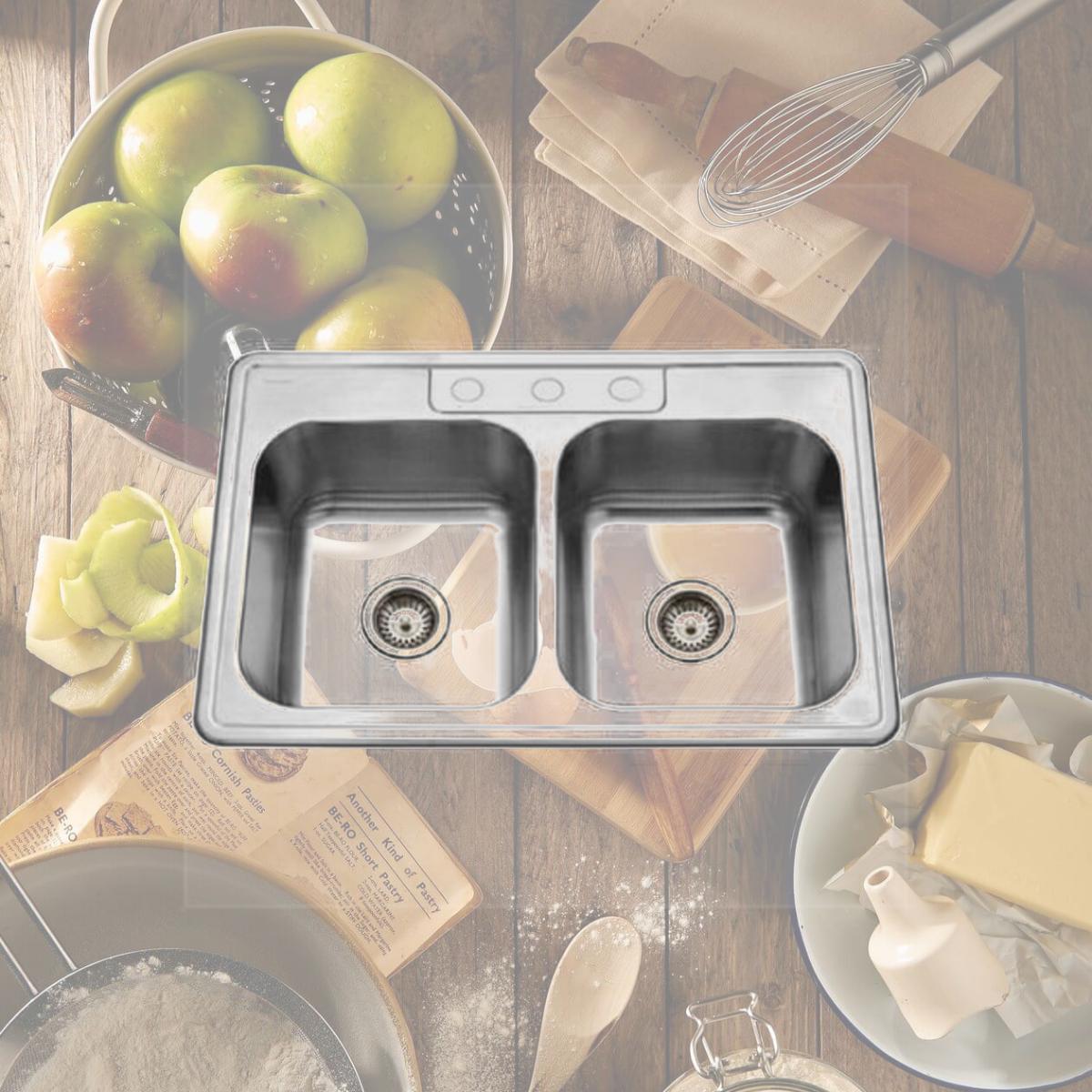 Picture of Houzer 3322-9BS3-1 9 in. Deep Glowtone Series Topmount Stainless Steel 3 Hole 50 & 50 Double Bowl Kitchen Sink