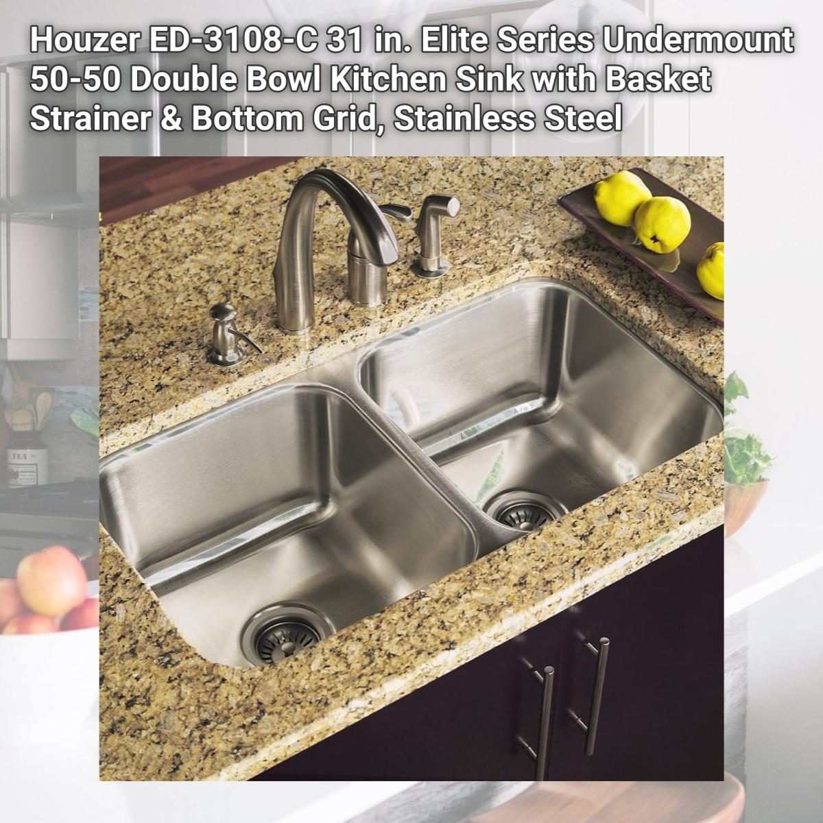 Picture of Houzer ED-3108-C 31 in. Elite Series Undermount 50-50 Double Bowl Kitchen Sink with Basket Strainer & Bottom Grid, Stainless Steel