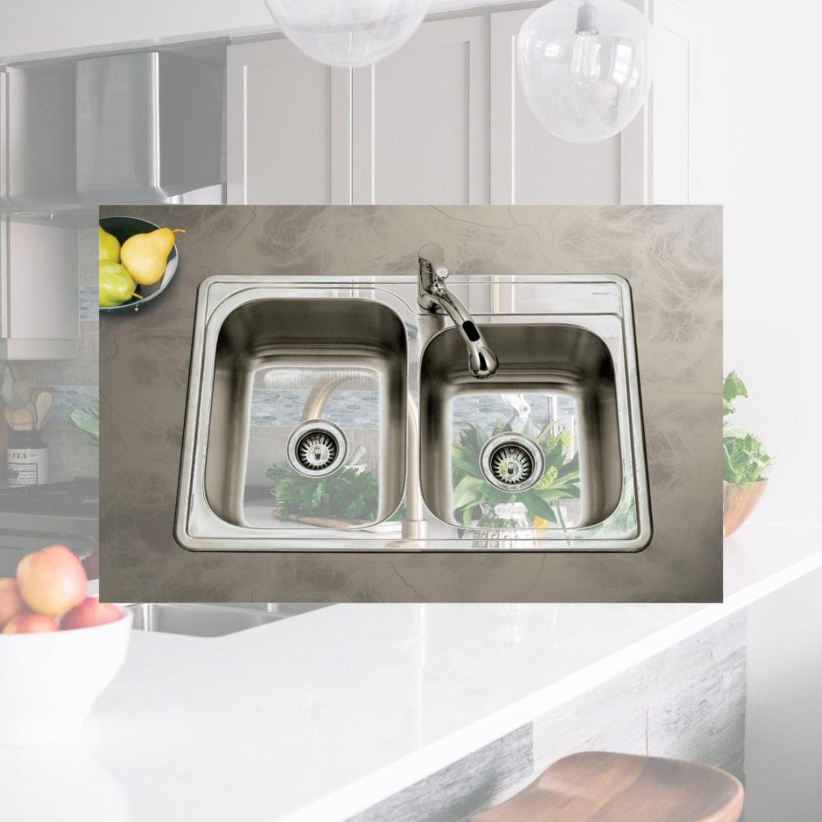 Picture of Houzer ISL-3322BS1-C Glowtone Series Topmount 60-40 Double Bowl Kitchen Sink Combo, Stainless Steel