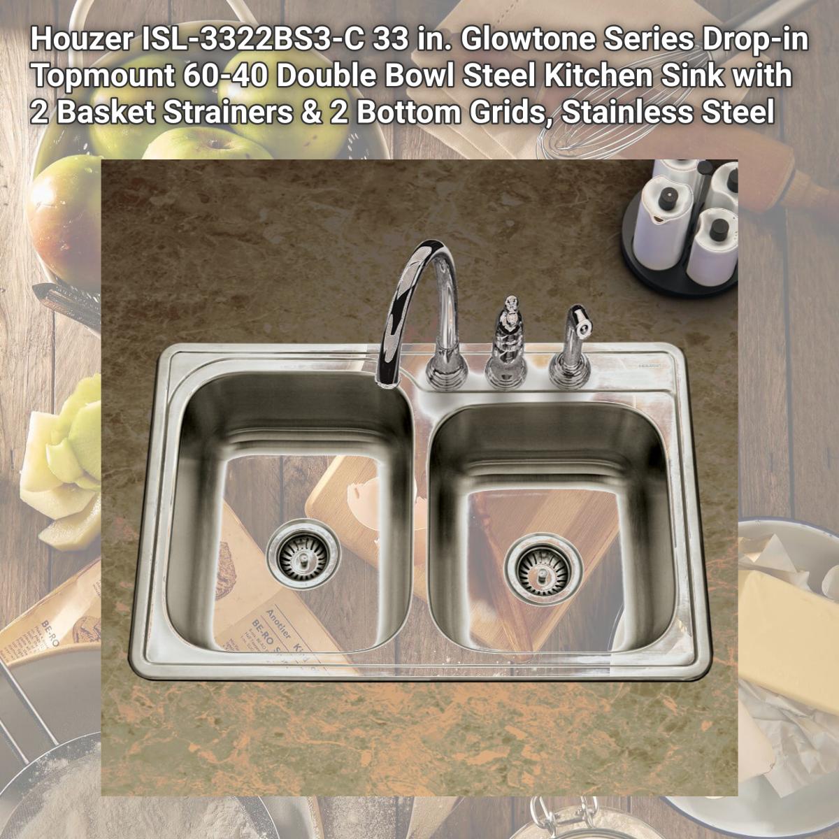 Picture of Houzer ISL-3322BS3-C 33 in. Glowtone Series Drop-in Topmount 60-40 Double Bowl Steel Kitchen Sink with 2 Basket Strainers & 2 Bottom Grids, Stainless Steel