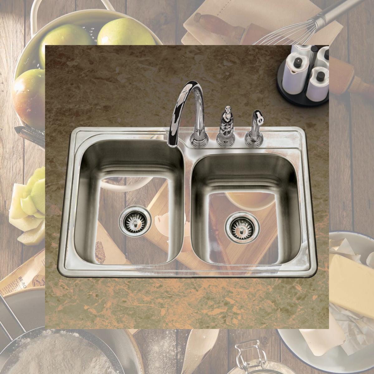 Picture of Houzer ISL-3322BS3-C 33 in. Glowtone Series Drop-in Topmount 60-40 Double Bowl Steel Kitchen Sink with 2 Basket Strainers & 2 Bottom Grids, Stainless Steel