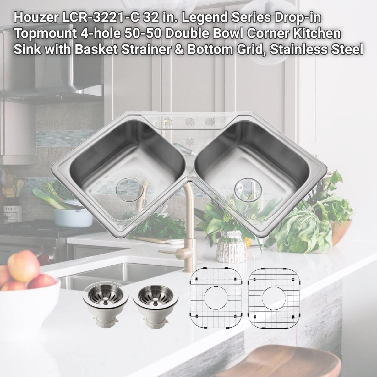 Picture of Houzer LCR-3221-C 32 in. Legend Series Drop-in Topmount 4-hole 50-50 Double Bowl Corner Kitchen Sink with Basket Strainer & Bottom Grid, Stainless Steel