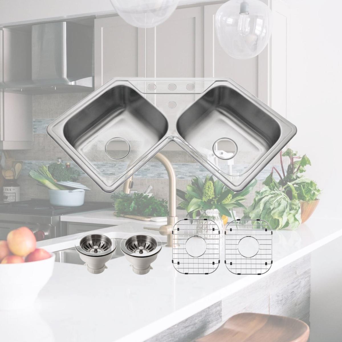 Picture of Houzer LCR-3221-C 32 in. Legend Series Drop-in Topmount 4-hole 50-50 Double Bowl Corner Kitchen Sink with Basket Strainer & Bottom Grid, Stainless Steel