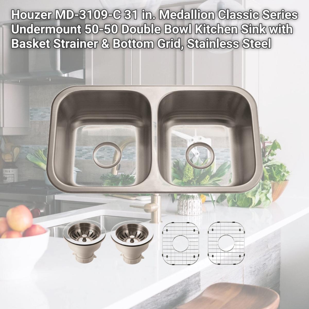 Picture of Houzer MD-3109-C 31 in. Medallion Classic Series Undermount 50-50 Double Bowl Kitchen Sink with Basket Strainer & Bottom Grid, Stainless Steel