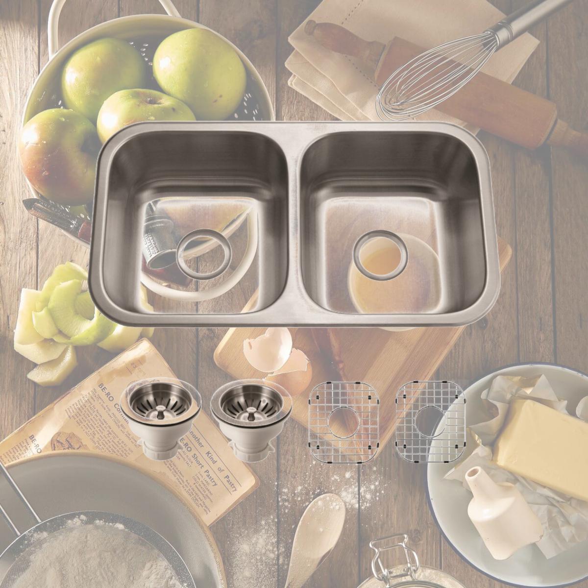 Picture of Houzer MD-3109-C 31 in. Medallion Classic Series Undermount 50-50 Double Bowl Kitchen Sink with Basket Strainer & Bottom Grid, Stainless Steel