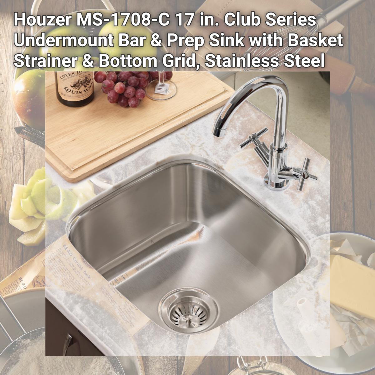 Picture of Houzer MS-1708-C 17 in. Club Series Undermount Bar & Prep Sink with Basket Strainer & Bottom Grid, Stainless Steel