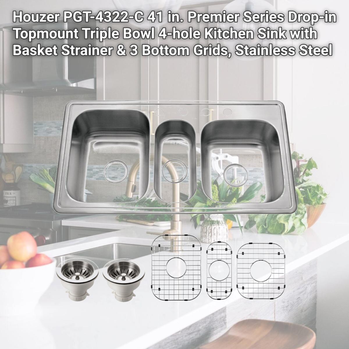 Picture of Houzer PGT-4322-C 41 in. Premier Series Drop-in Topmount Triple Bowl 4-hole Kitchen Sink with Basket Strainer & 3 Bottom Grids, Stainless Steel