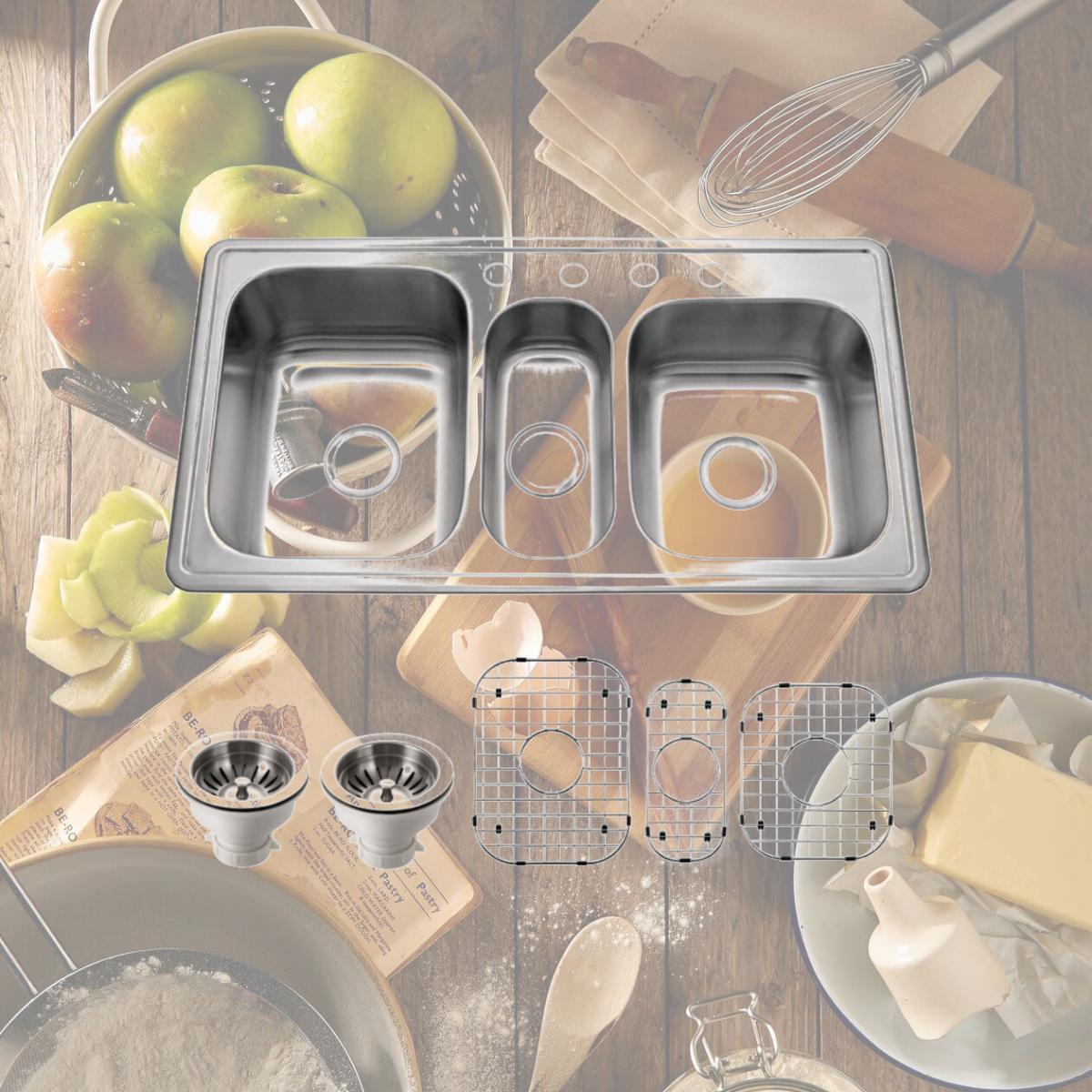 Picture of Houzer PGT-4322-C 41 in. Premier Series Drop-in Topmount Triple Bowl 4-hole Kitchen Sink with Basket Strainer & 3 Bottom Grids, Stainless Steel