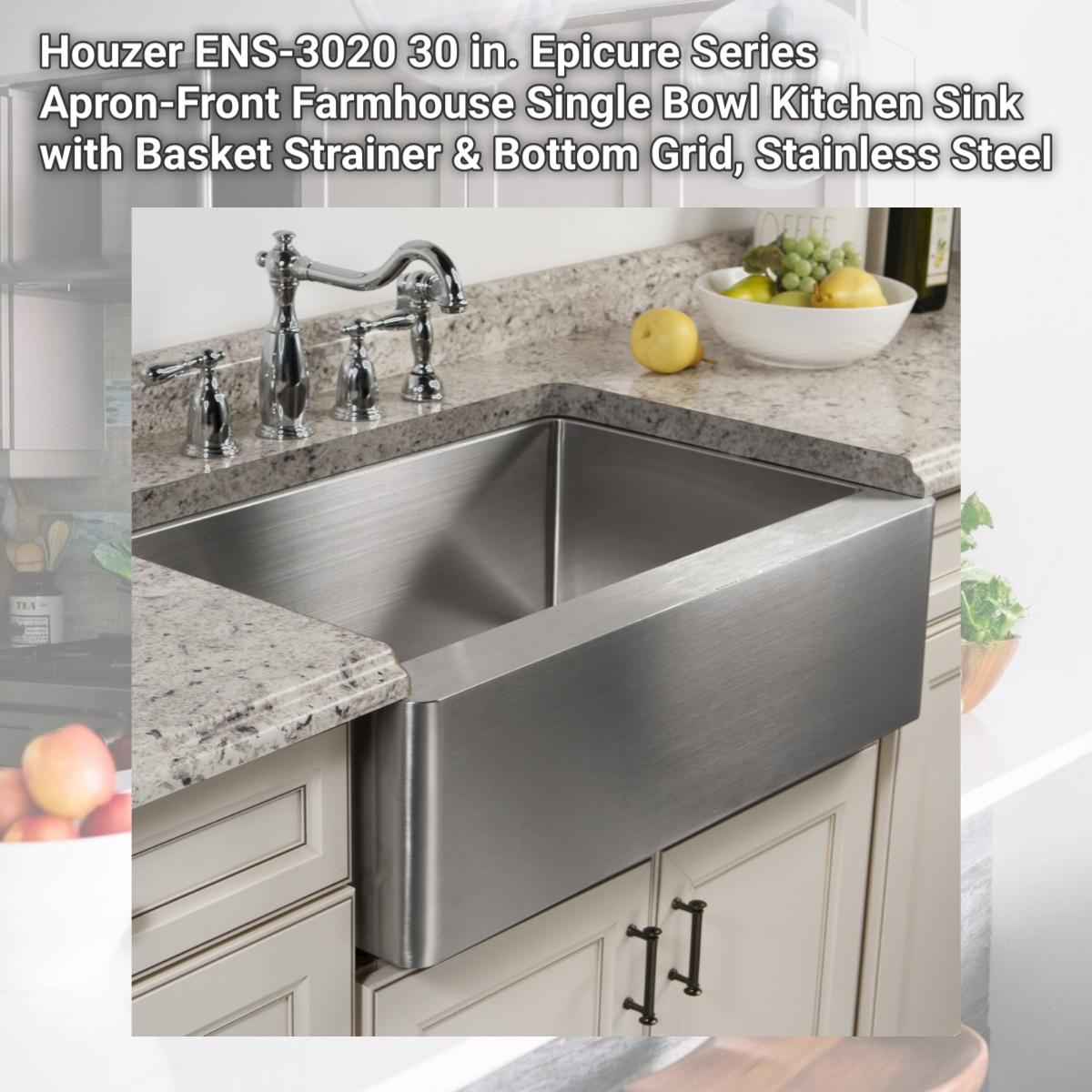 Picture of Houzer ENS-3020 30 in. Epicure Series Apron-Front Farmhouse Single Bowl Kitchen Sink with Basket Strainer & Bottom Grid, Stainless Steel