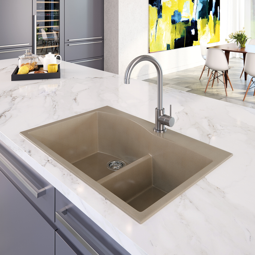 Picture of Houzer P-175 TAUPE 33 in. Quartztone Taupe Drop-in Topmount 60-40 Double Bowl Granite Kitchen Sink
