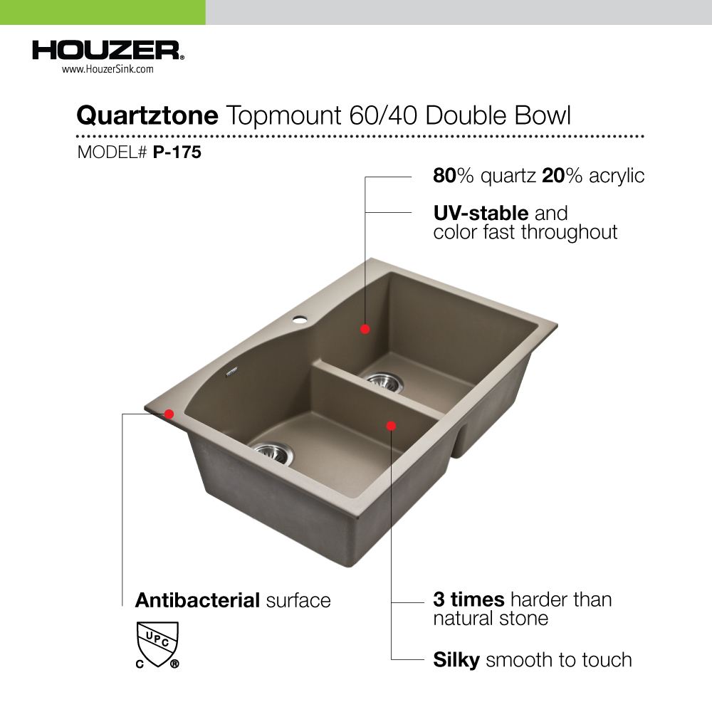 Picture of Houzer P-175 TAUPE 33 in. Quartztone Taupe Drop-in Topmount 60-40 Double Bowl Granite Kitchen Sink